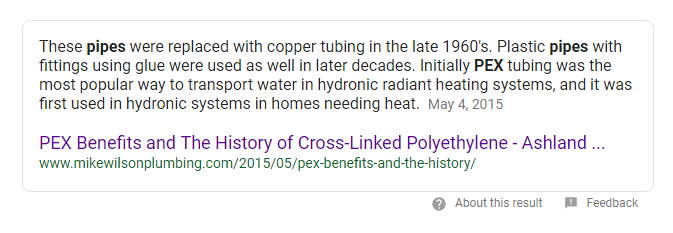 example of featured snippet when searching for "pex pipe history" on Google