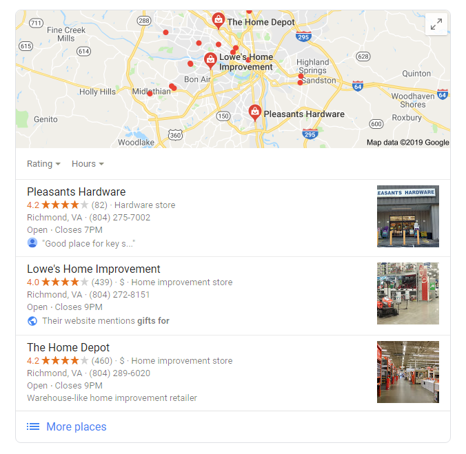 example of local pack Google search results for "hardware gift ideas richmond"